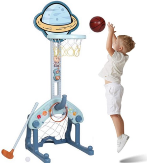 Jouet de sport 4 en 1 pour enfants se compose du Basket, Football, Golf et Lancer d’anneaux c'est un jeu éducatif extérieur pour garçons et filles (1 à 12 ans)